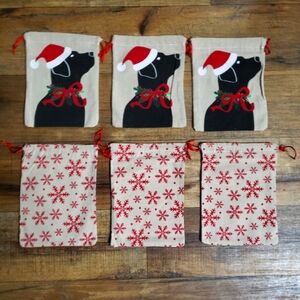 Festive Dog and Snowflake Drawstring  Gift Bags